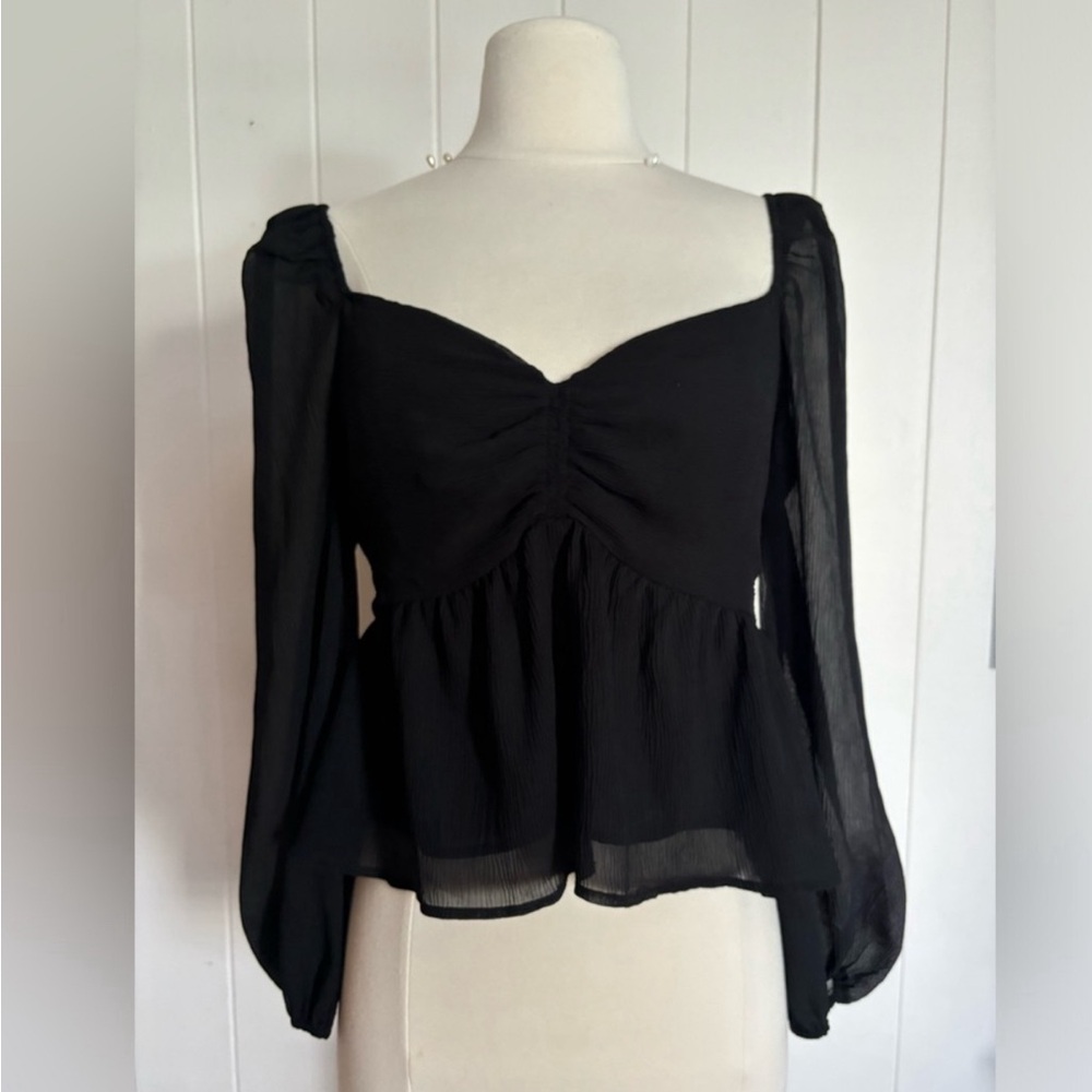 Astr Black Ruched Blouse with Sheer Sleeves